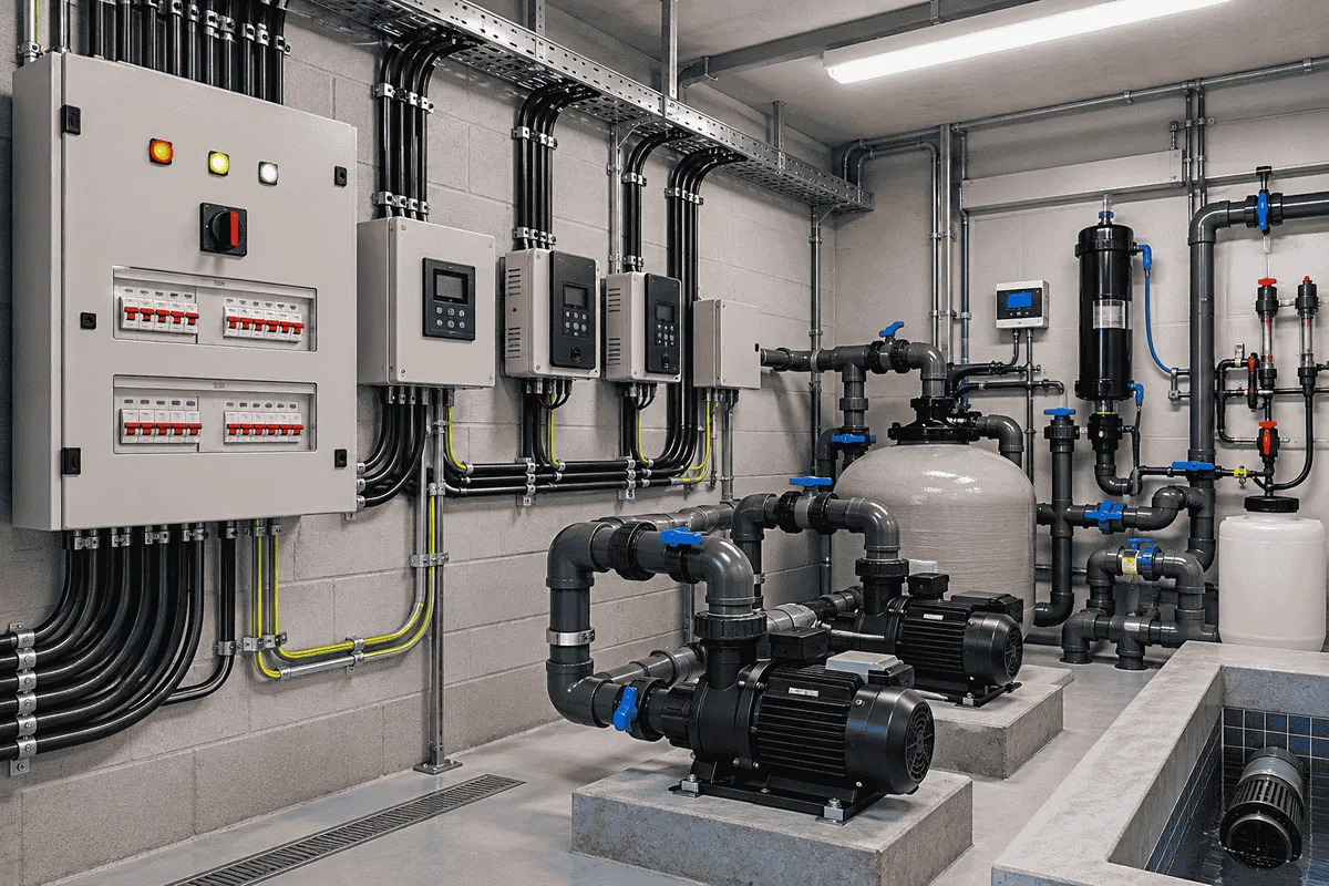 Casa de máquinas de piscina com quadro elétrico, eletrodutos organizados, bombas e filtro