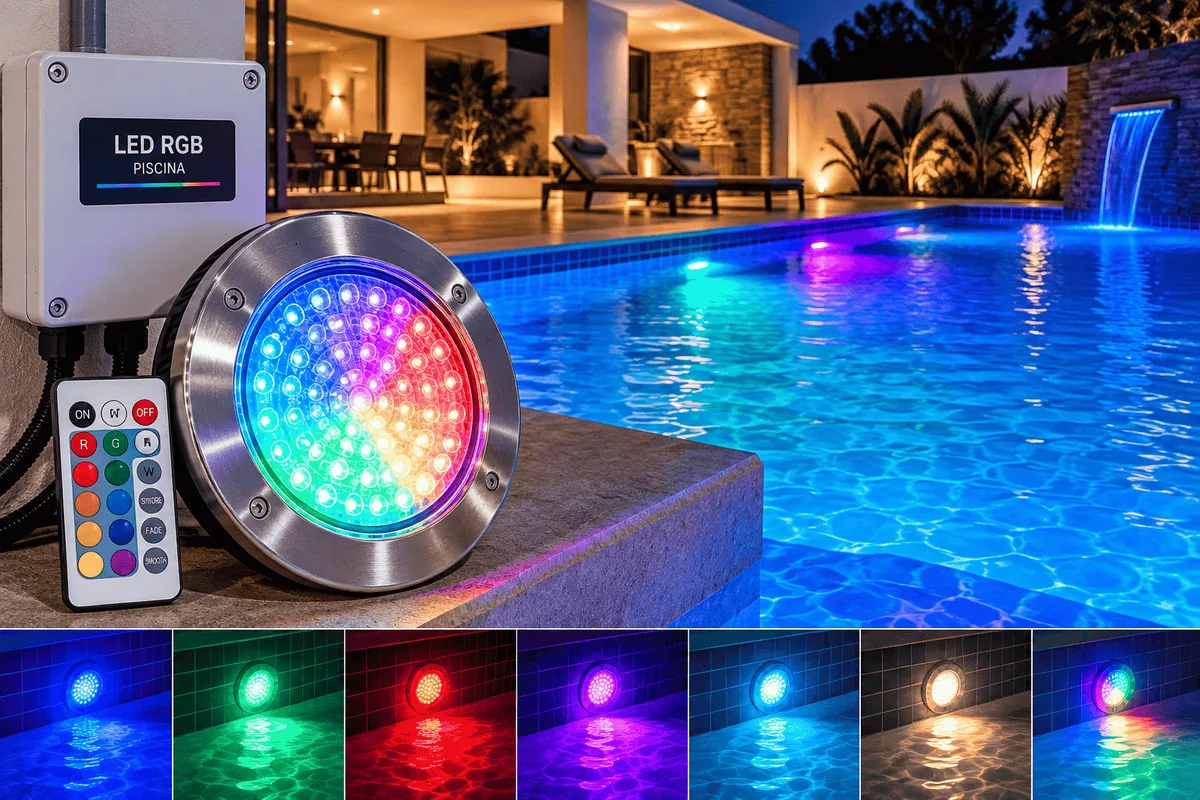 Piscina iluminada à noite com refletor LED RGB e controle remoto