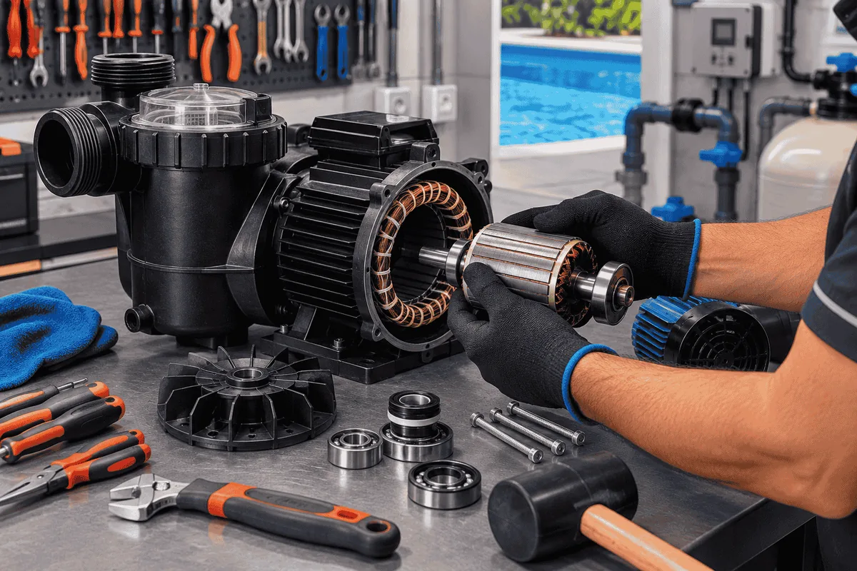 Técnico montando o rotor de um motor de bomba de piscina