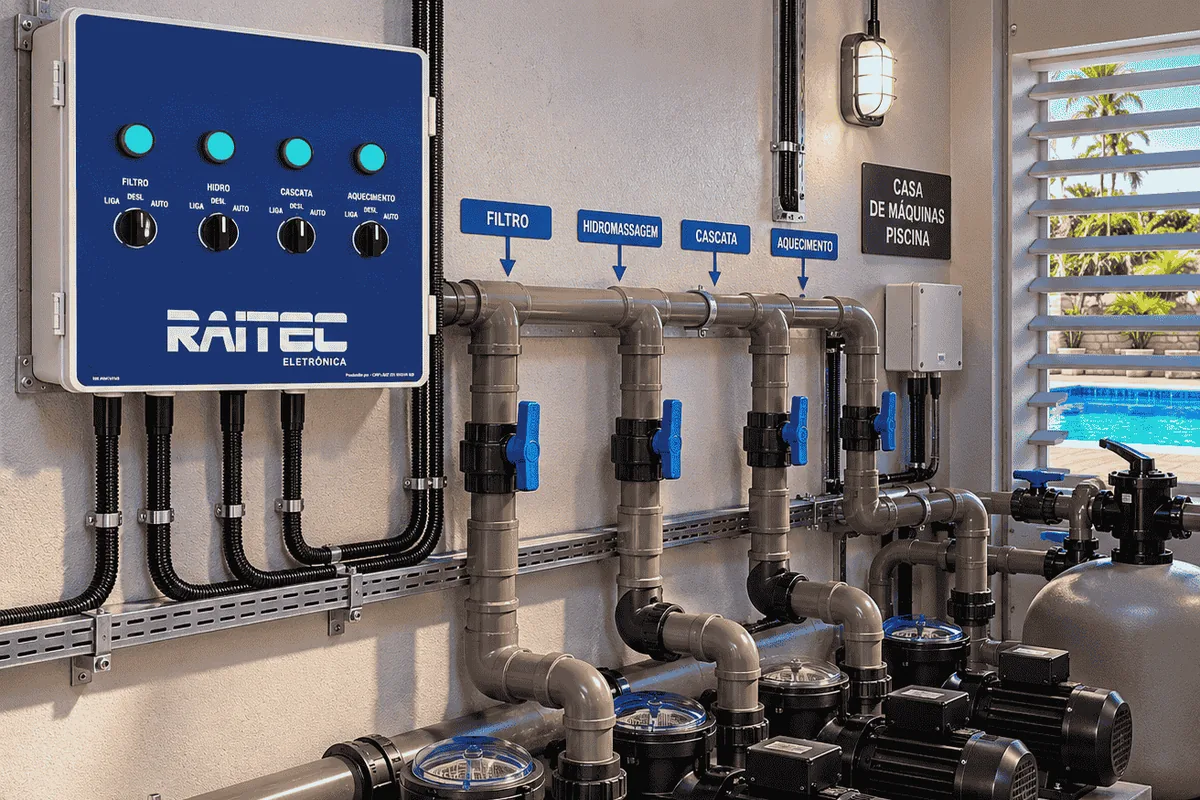 Painel de comando Raitec com chaves liga, desliga e automático para filtro, hidromassagem, cascata e aquecimento