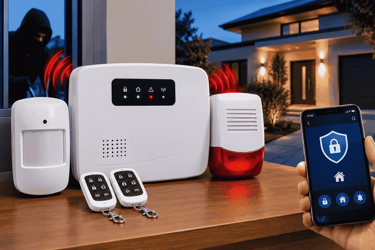 Central de alarme, sensor de presença, sirene e controles remotos com aplicativo no celular
