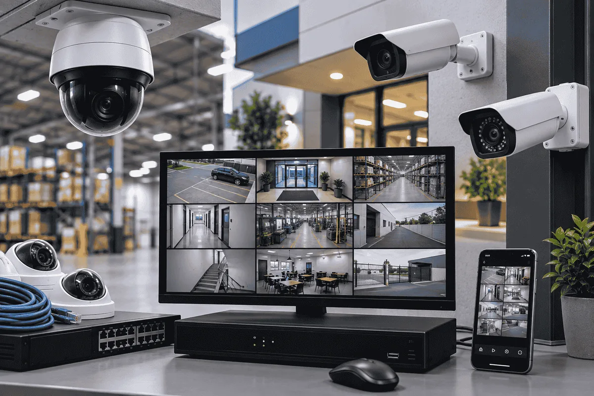 Câmeras dome e bullet, gravador e monitor com várias câmeras, com acesso pelo celular