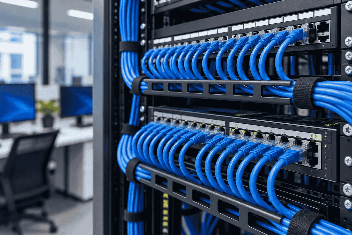 Rack com switches e cabos de rede azuis organizados