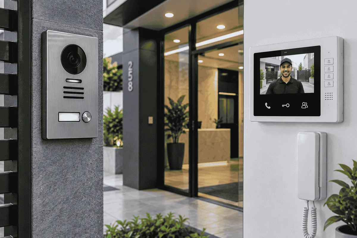 Módulo externo de vídeo porteiro no portão e monitor interno mostrando o visitante